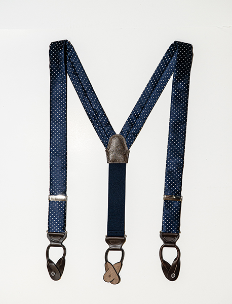 Silk brace- Navy/white polka dots/brown leather ends