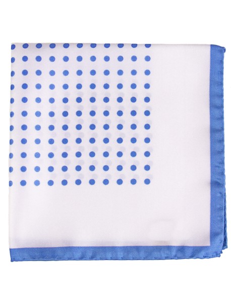 Italian silk hand rolled pocket square White/blue pin dots