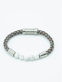  HOWLITE BEADS/GRAY BRAIDED LEATHER/STAINLESS STEEL BARREL WITH HIDDEN SET-IN CLOSURE