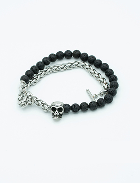 SKULL BRACELET/BLACK LAVA BEADS/STAINLESS STEEL/TOGGLE CLOSURE