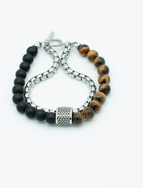 TIGER EYE/MATTE ONYX BRACELET/STAINLESS STEEL/TOGGLE CLOSURE         