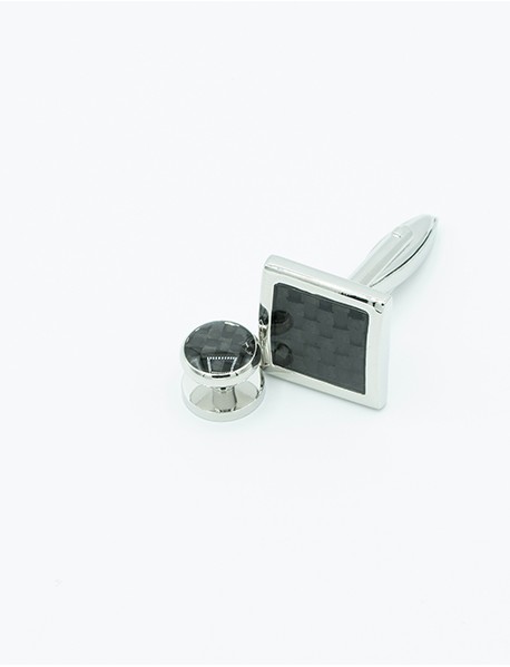 BLACK CARBON SQUARE SILVER SETTING FORMAL SET/4 ROUND STUDS