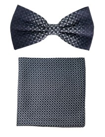 Shadow Navy Blue & White Silk Bowtie With Matching Silk Pocket Square