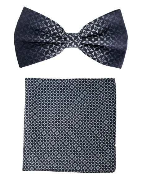 Shadow Navy Blue & White Silk Bowtie With Matching Silk Pocket Square