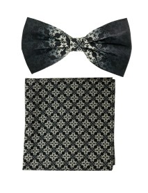 Shadow Black & White Silk Bowtie With Matching Silk Pocket Square