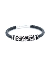 Black Braided Leather Bracelet Stainless Steel Scroll Design