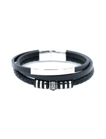 3 Layered Leather Bracelet Stainless Steel Beads and Rectangle Bar