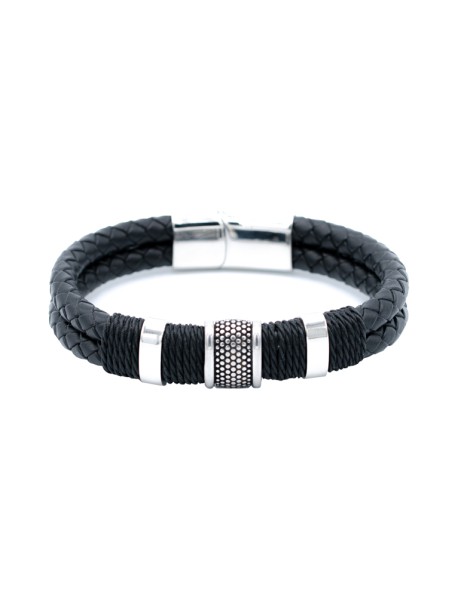 Black Braided Leather Bracelet with Pebble/Rope Design