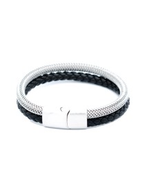 Black Braided Leather Layered Bracelet/Woven Stainless Steel