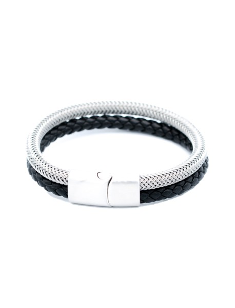 Black Braided Leather Layered Bracelet/Woven Stainless Steel