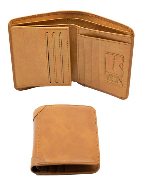 Tri-Fold Genuine Leather Wallet Saddle Tan/RFID Anti-Theft 