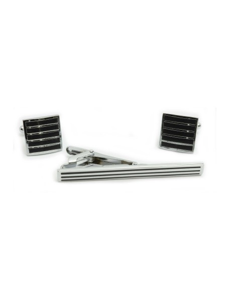 Black/Silver Stripe Cufflink/Tie Bar Set